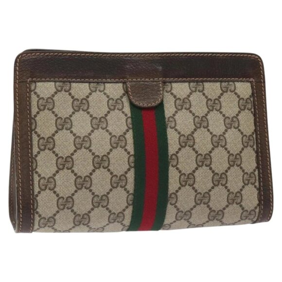 GUCCI GG Supreme Web Sherry Line Clutch Bag PVC Beige 41 014 2125 23 Auth - Picture 1 of 16